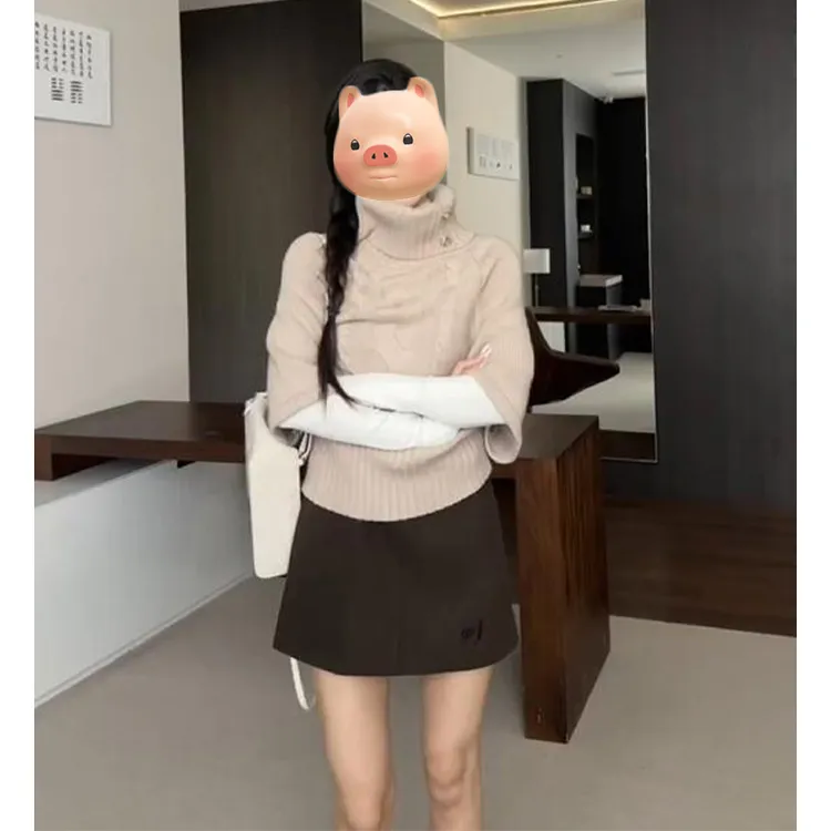 早秋韩系穿搭高领套头斗篷麻花毛衣女秋冬宽松叠穿中袖针织衫上衣