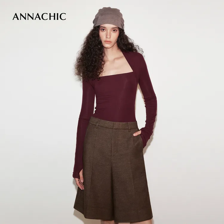 ANNACHIC 复古气质 羊毛修身针织长袖打底T恤秋冬季内搭上衣