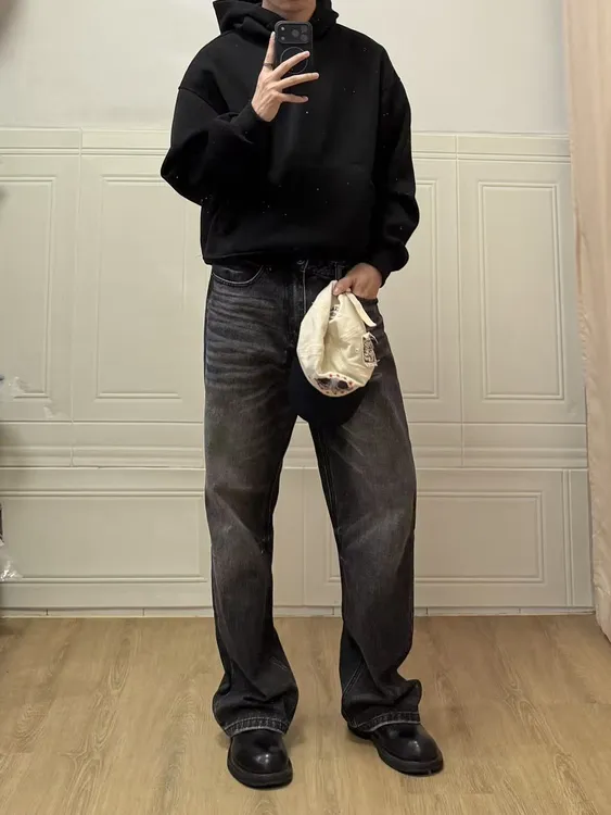 DANTP性价比牛王系列黑灰牛王做旧A字版型直筒牛仔复古宽松潮流