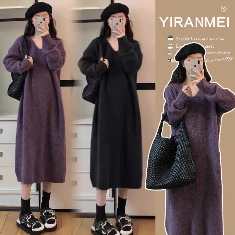 孕妇装秋冬时尚v领针织连衣裙高级感温柔风打底毛衣长裙子潮宽松