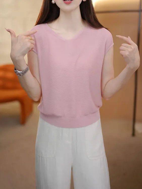 天丝夏季薄款休闲百搭V领短袖T恤女2025新款宽松显瘦纯色针织上衣