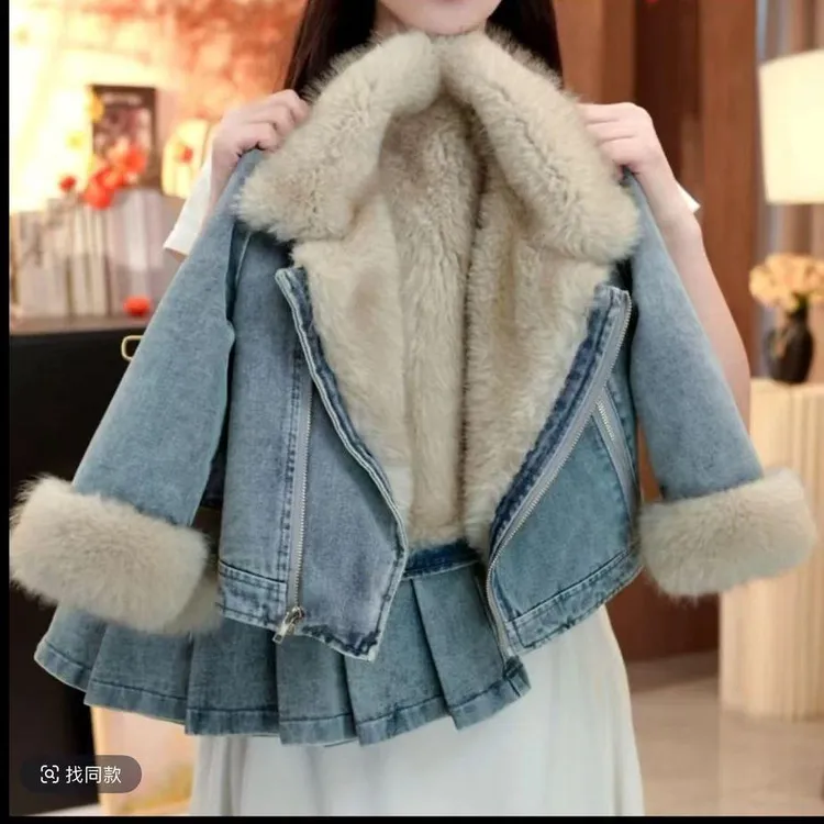 YeeHoO/英氏女童套装冬季新款儿童洋气时髦加毛保暖牛仔外套加厚