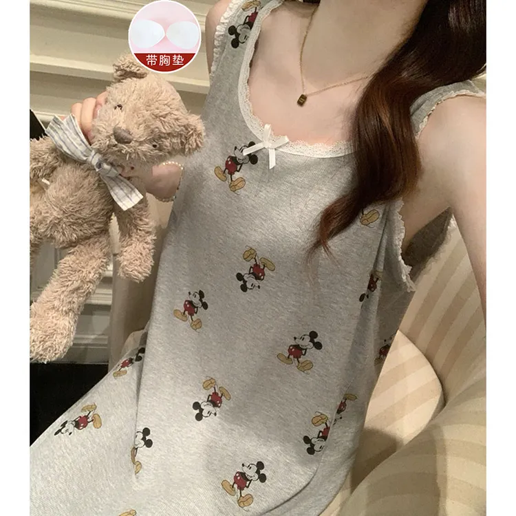 2025年韩版ins带胸垫睡裙女夏季棉柔可爱卡通无袖吊带睡衣家居服