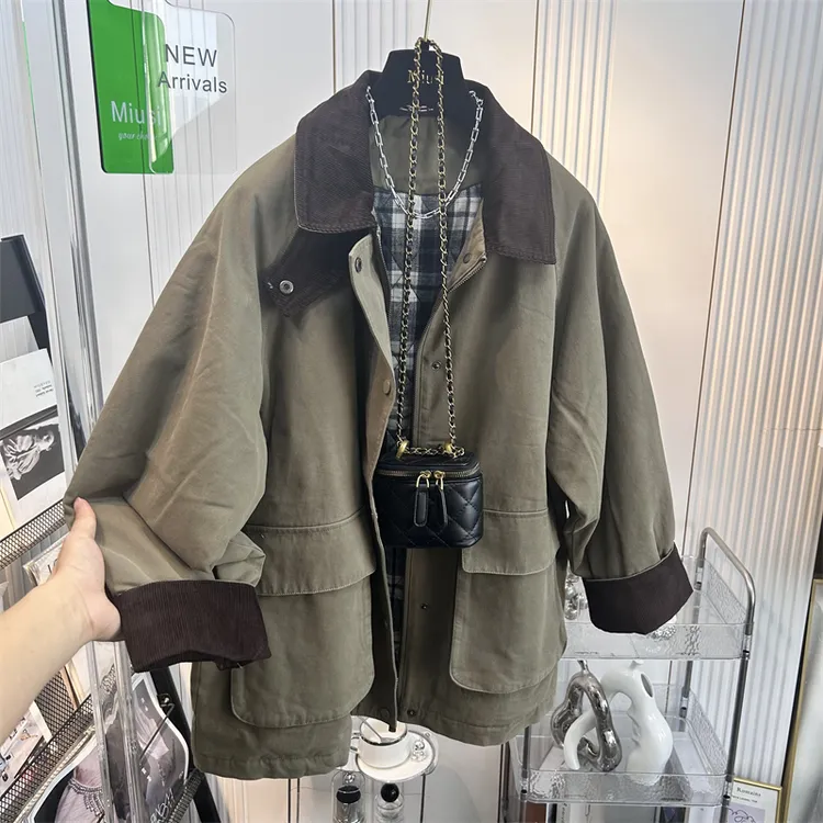 超好看棉服秋冬撞色灯芯绒翻领夹棉风衣外套女加厚休闲宽松中长款