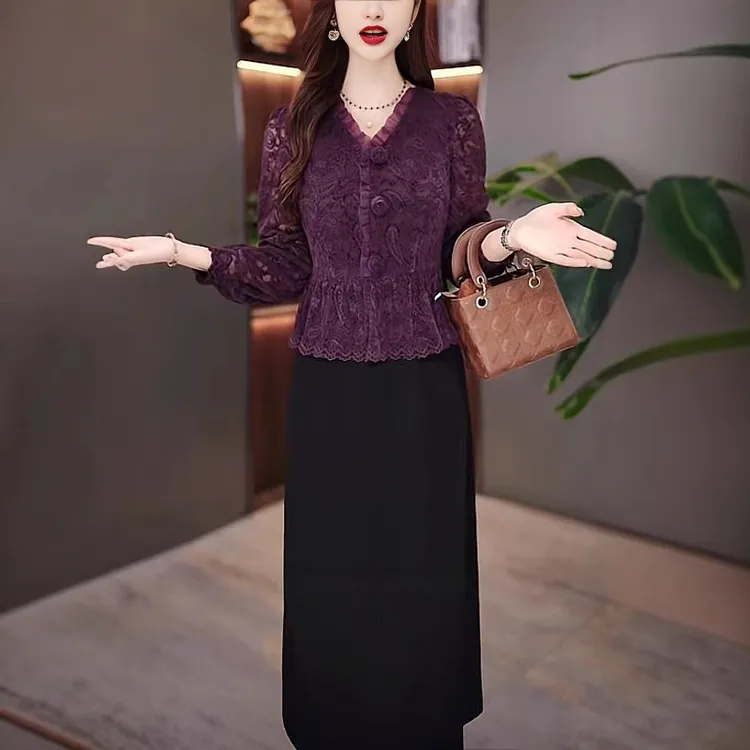 玫妖妖假两件绒面连衣裙女2025秋季新款木耳边设计感通勤风a字裙