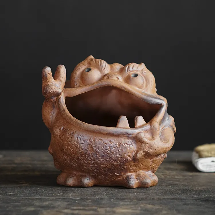 肆坊壹品粗陶创意烟灰缸复古陶瓷卡通办公室客厅个性潮流防飞灰缸