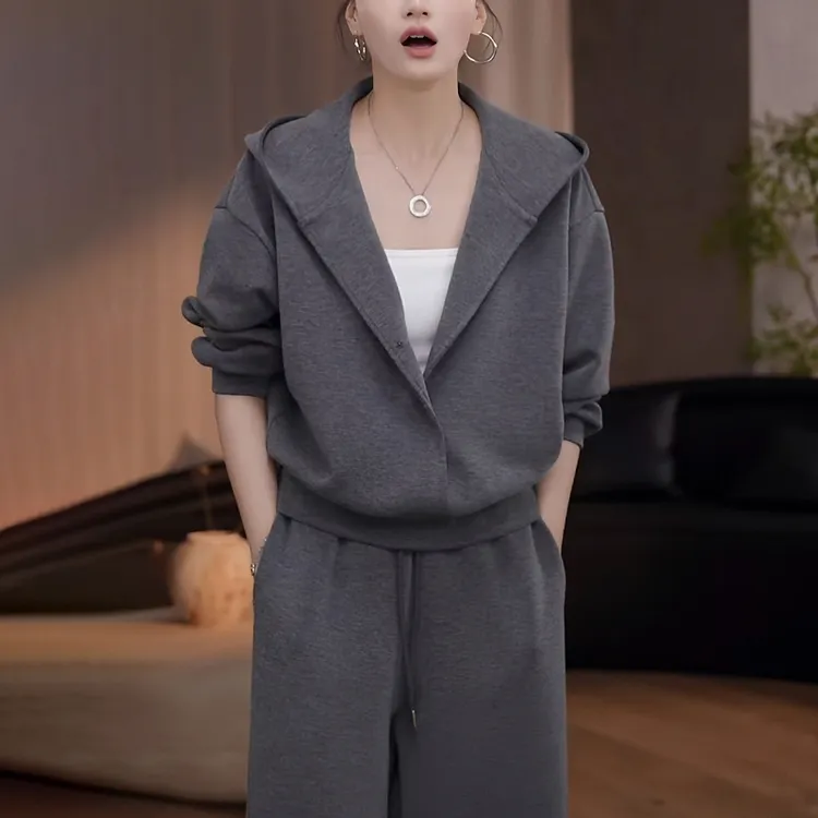 慵懒风秋季时尚套装女2025新款宽松显瘦灰色连帽卫衣休闲裤两件套