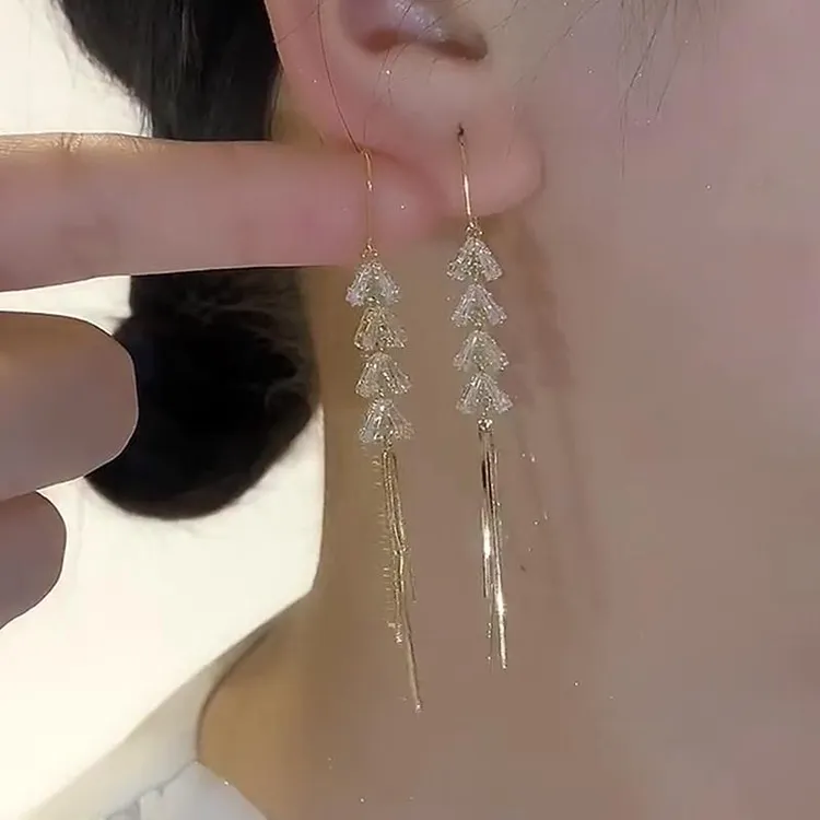 925银耳饰 防过敏波西米亚风锆石麦穗流苏耳线轻奢长款气质耳环显