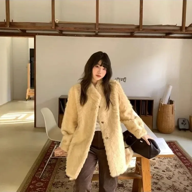 金叶貂环保皮草大衣女中长款韩版宽松加厚仿貂毛皮毛一体毛毛外套