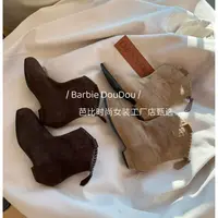 Barbie Siyu 6001秋季新款时尚绒面后拉链方头韩版粗跟短靴复古鞋
