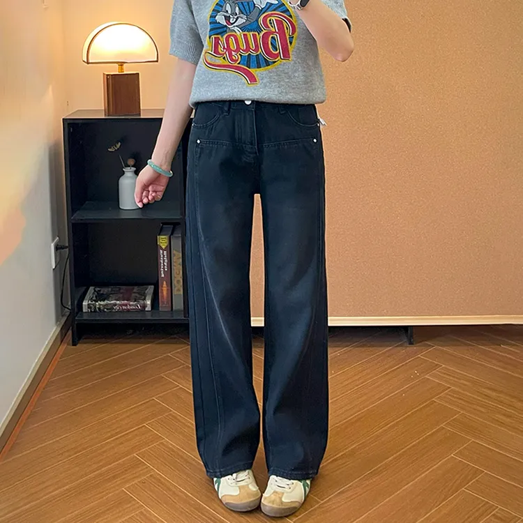 秋冬新款加绒加厚窄版阔腿牛仔裤女大码宽松遮胯显瘦高腰直筒裤子