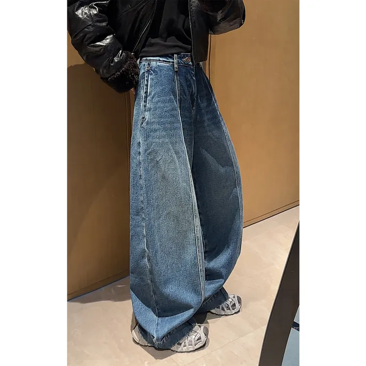 2025欧货加绒美式来复古高腰阔腿牛仔裤女宽松显瘦百搭拖地长裤