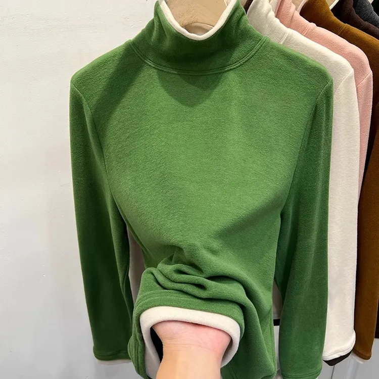 拼色假两件双面磨毛德绒长袖T恤女春秋新款韩系软糯打底衫上衣厚