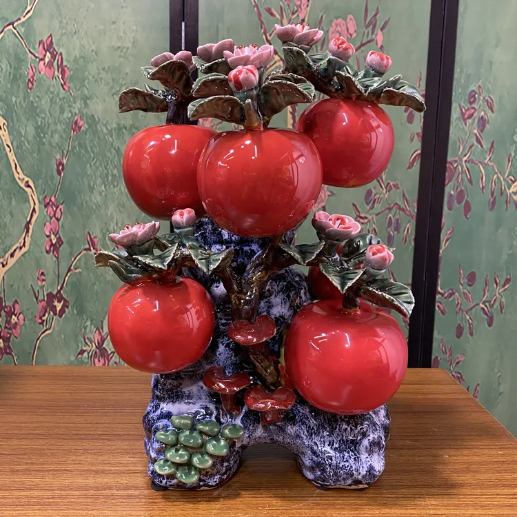 《六六大顺-苹果树》石湾手工陶瓷摆件长12高36适合客厅玄关会所