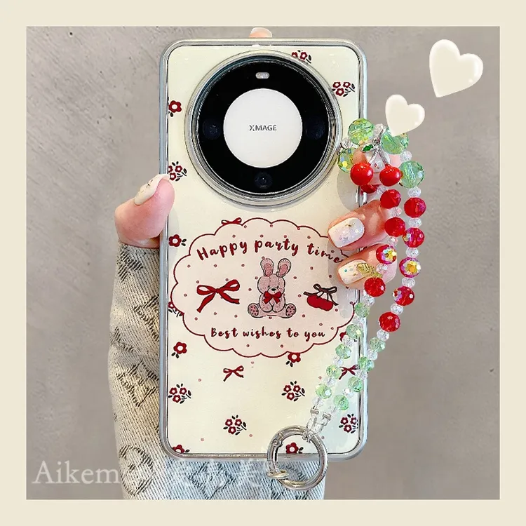 适用华为mate70pro+手机壳卡通可爱Mate60pro+滴胶蝴蝶结兔子链条