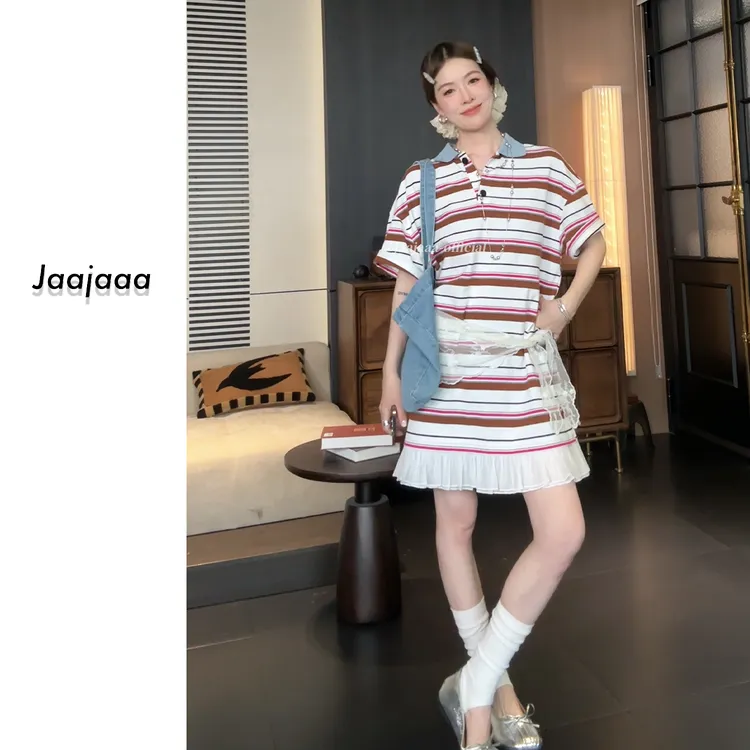 Jaajaaa盐渍夏日   小众设计撞色POLO领宽松百搭条纹连衣裙/FAGF