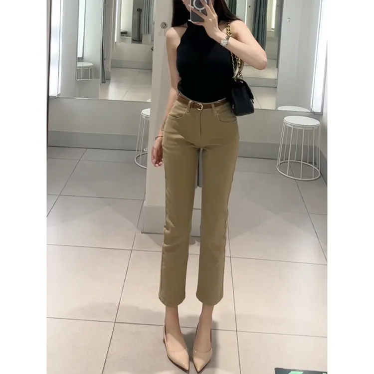 卡其色老钱风直筒牛仔裤女2025秋季新款休闲百搭弹力显瘦九分裤