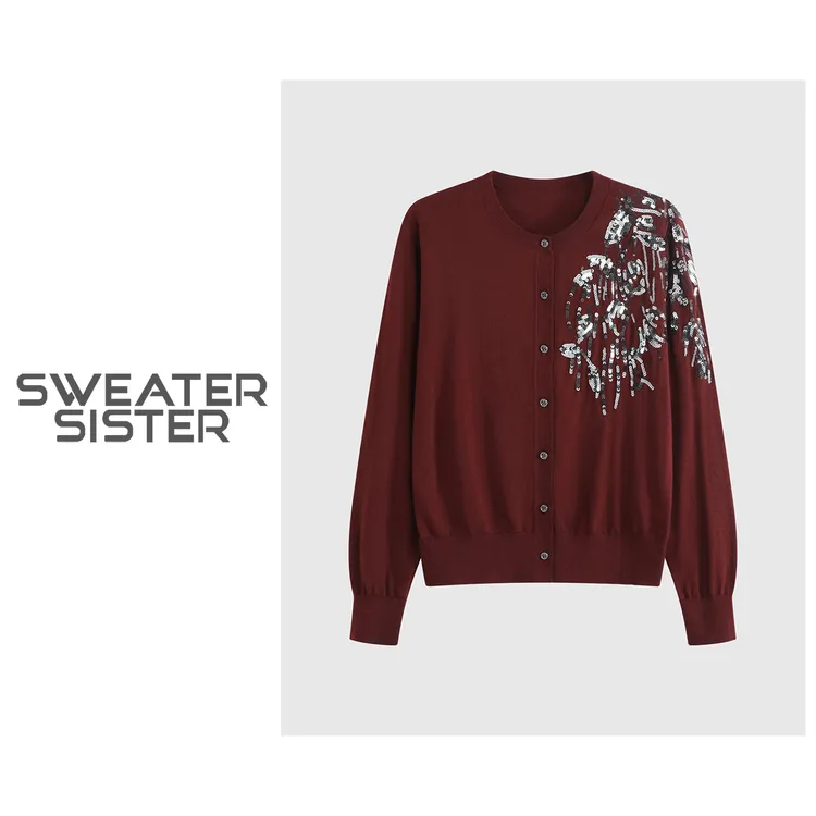 韩系时尚百搭纯色亮片长袖针织开衫女245-82527