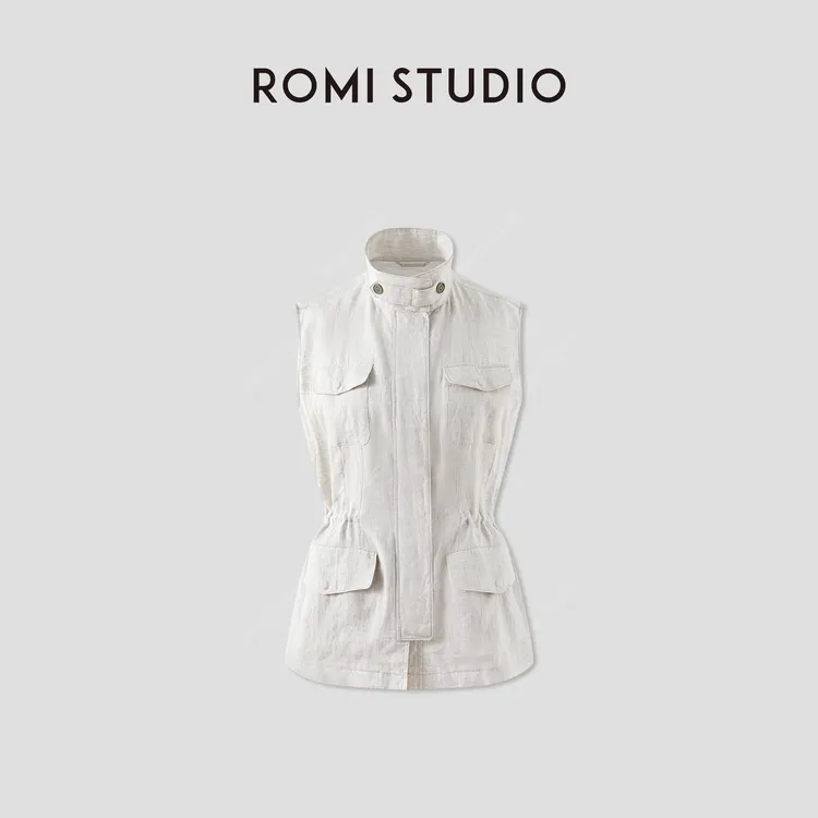 ROMI STUDIO“质感亚麻”100%亚麻抽绳收腰宽松立领马甲 RWCRWG3920
