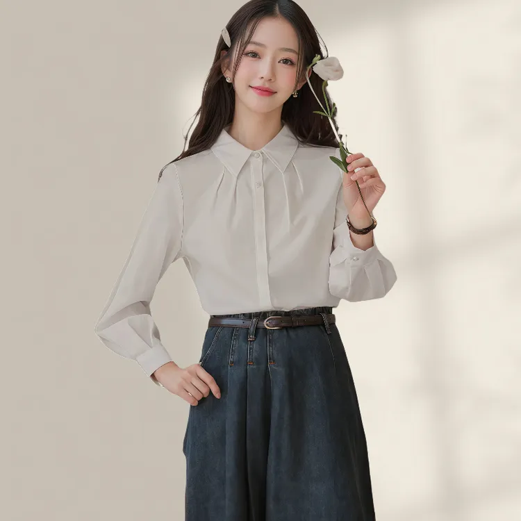 法式白色女装衬衫女2025春秋新款通勤职业正装面试内搭正肩上衣