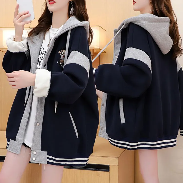 拼色连帽设计感棒球服卫衣女春秋季新款韩版宽松大码学生开衫外套