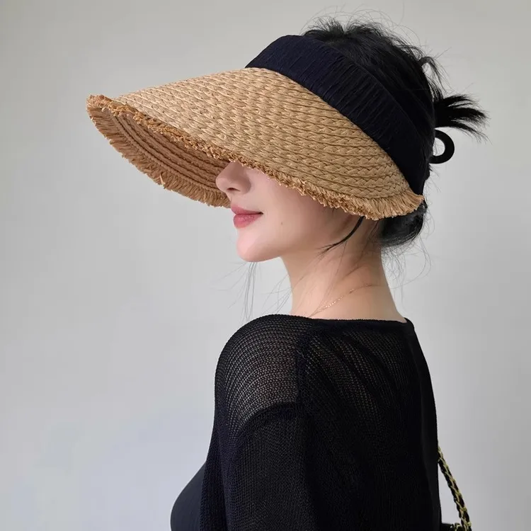 可折叠拉菲草毛边大檐防晒帽女夏季出游遮阳防紫外线空顶帽显脸小