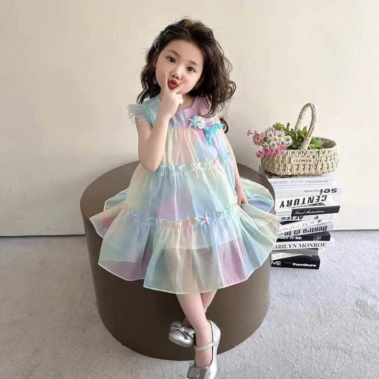 女童连衣裙2025新款时髦洋气女宝渐变公主裙女孩夏季炫彩网纱裙子