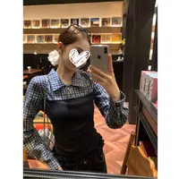 藏蓝polo领假两件内搭打底衫女秋季修身显瘦长袖t恤小上衣#Y8239