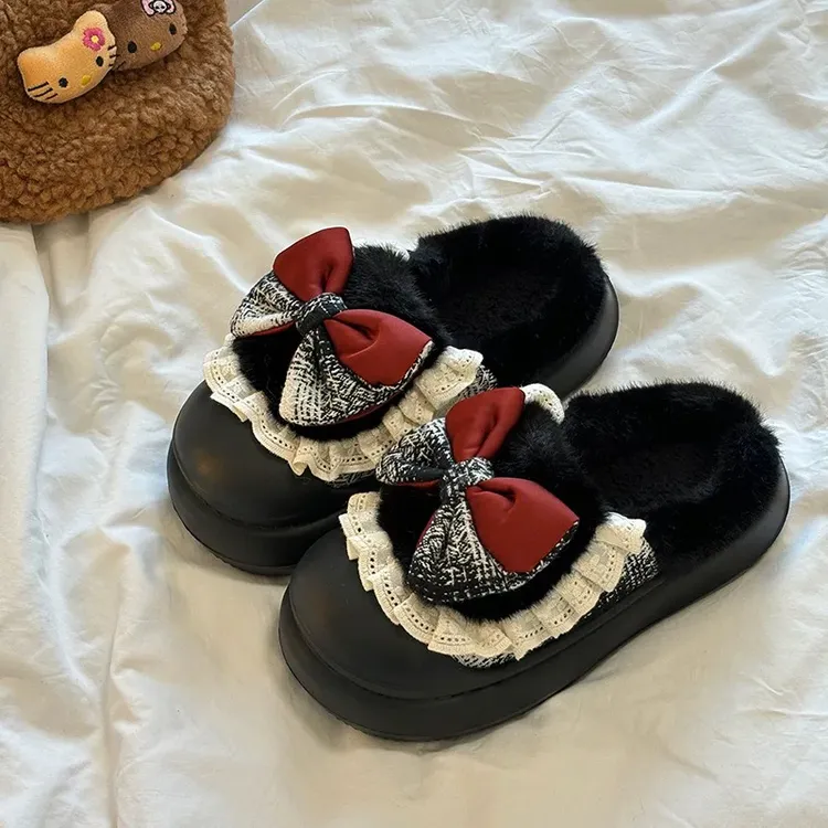 甜美公主风蝴蝶结毛绒棉拖鞋女秋冬厚底增高居家外穿款Eva防滑底