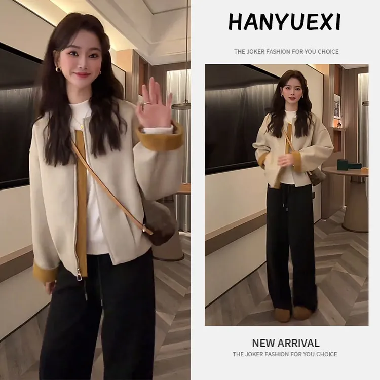 冬季保暖穿搭一整套女装2025新款打底衫宽松复古外套阔腿裤三件套