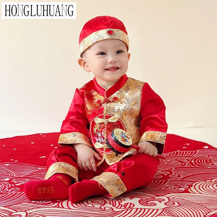 国风男宝宝一周岁宴礼服男童周岁宴抓周用百天红色婴儿唐装套装