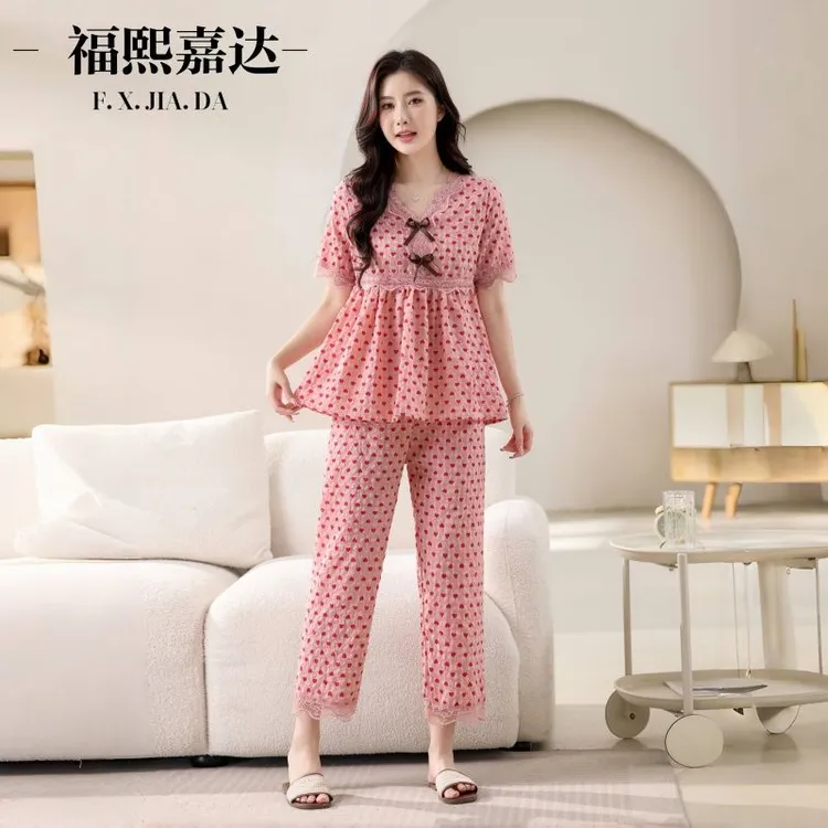 2025新款睡衣女棉布格子蕾丝花边时尚韩版减龄洋气宽松家居服套装
