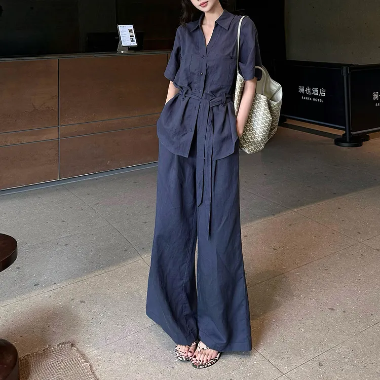 时尚韩系穿搭一整套女夏季新款设计感绑带上衣显瘦阔腿裤两件套装