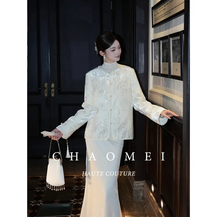 【香雪凝】冯（CHAOMEI 国风新中式米杏色丝绒羽绒服外套
