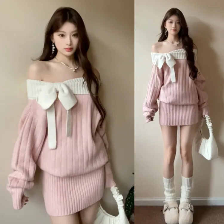法式蝴蝶结一字肩针织连衣裙女秋冬2025新款漂亮掐腰小个子包臀裙