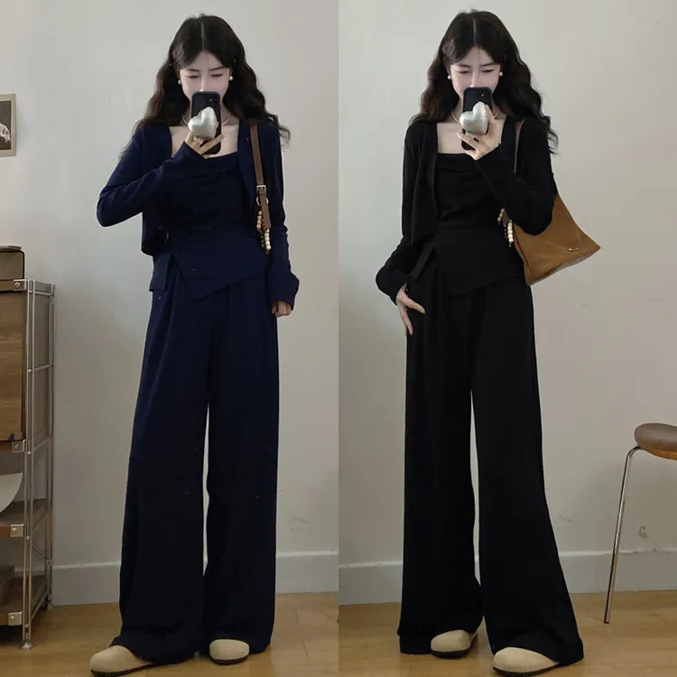 大码胖mm秋冬新款韩版收腰显瘦休闲时尚气质感针织三件套装女