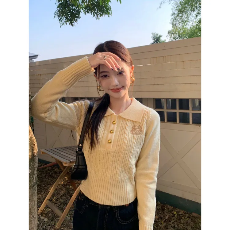 春季学院风麻花毛衣女冬季气质正肩polo领套头短款上衣针织衫工厂