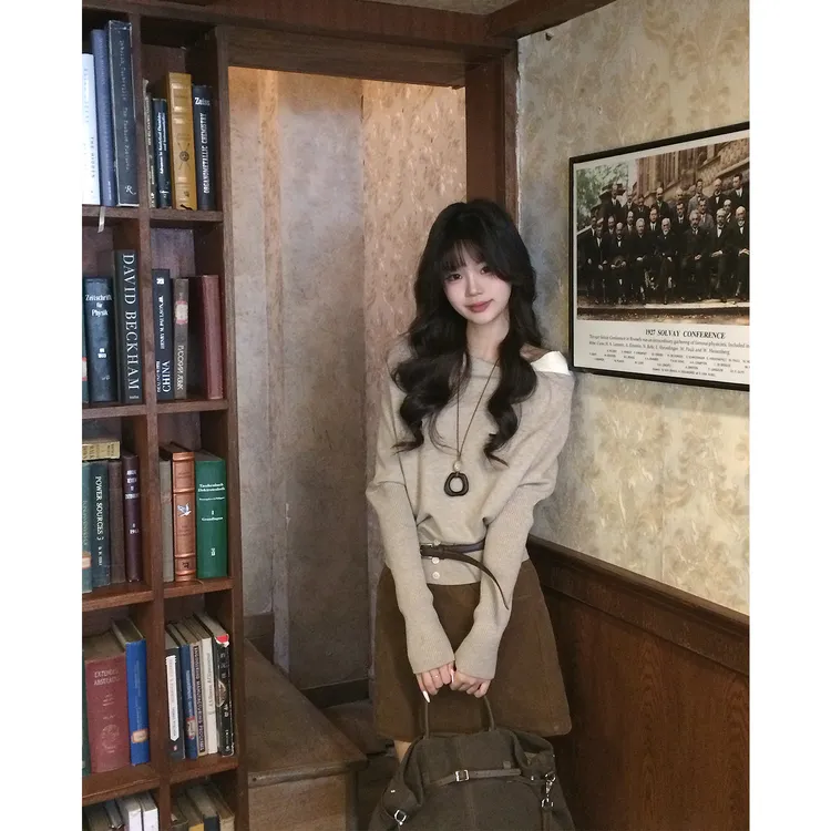 贰羊设计【渺兮】温柔气质斜肩针织衫腰带