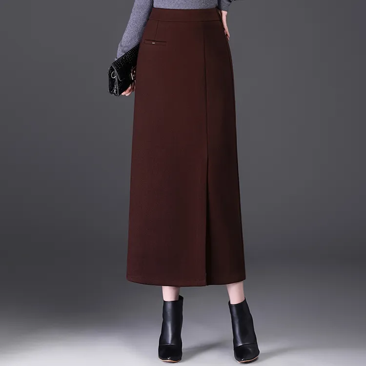 拉夏贝尔休闲直筒气质半身裙女2025秋冬季新款毛呢垂感开叉包臀裙