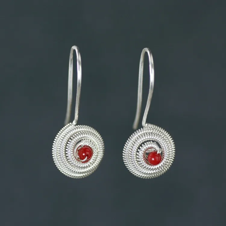 非金属仿水晶耳饰 红色纯银耳环特色手工复古编织缠绕精致小耳饰