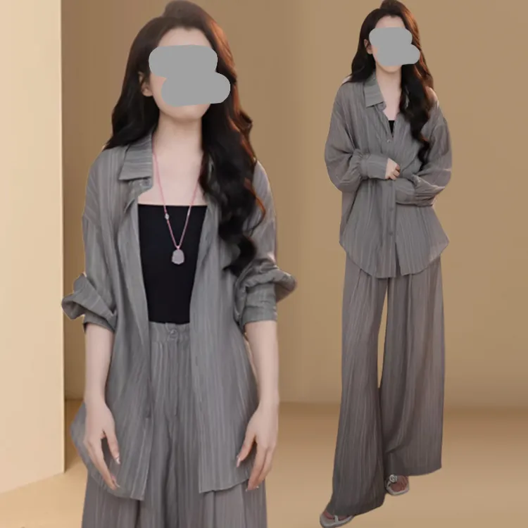 灰色高级松弛感穿搭套装女2025夏季新款气质轻薄衬衫阔腿裤两件套