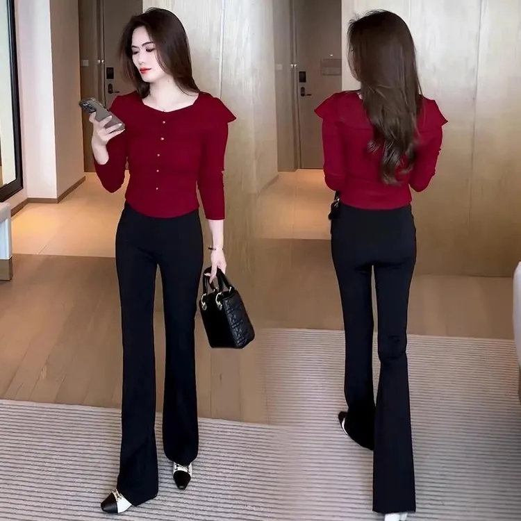 2024春秋新款设计感时尚套装长袖恤女洋气一字肩小衫上衣修身减龄