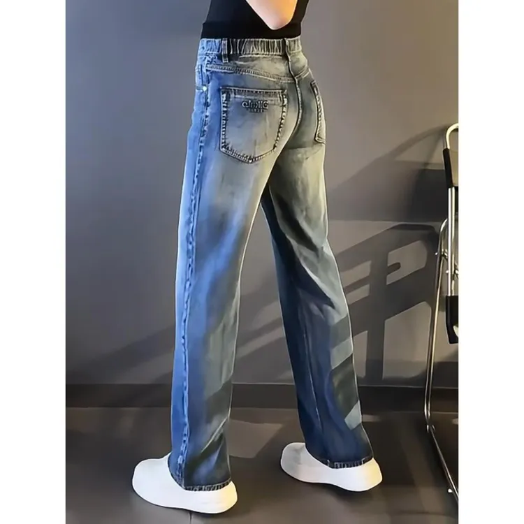 秋冬新款大码潮牌男士时尚蓝色牛仔裤直筒休闲显瘦长裤子轻奢潮流