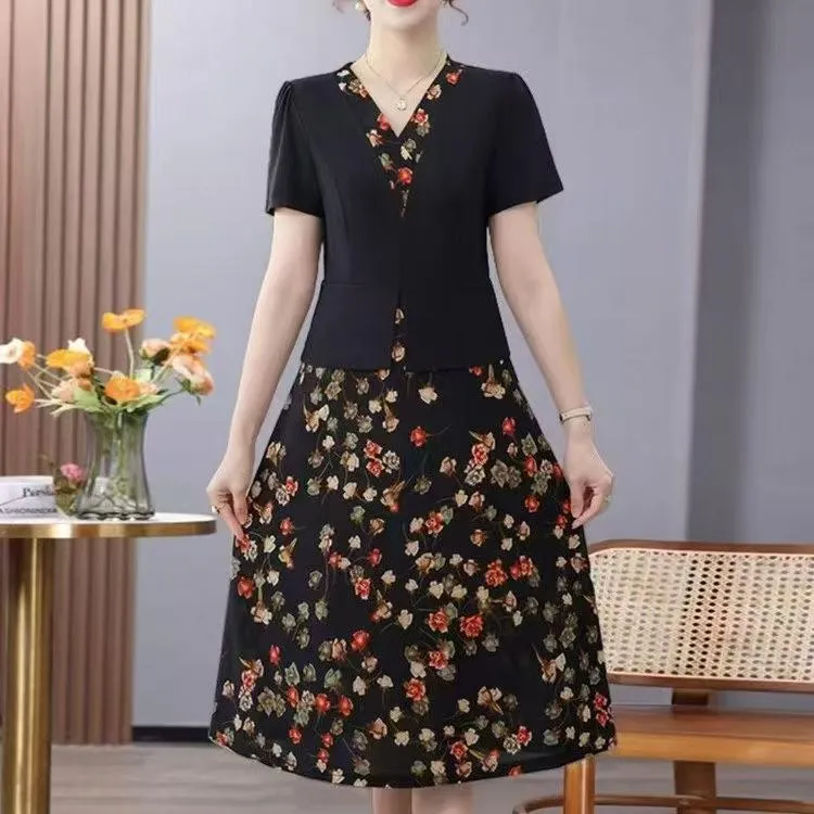 2025妈妈装春季新款假两件连衣裙气质显瘦印花拼接中长款裙子女