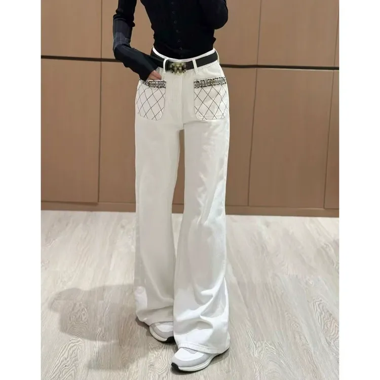 爆款小香白色牛仔裤2025春重工菱格纽扣双口袋高腰阔腿裤女配腰带