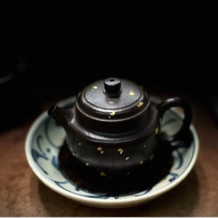 中国宜兴手工捂黑撒金小品紫砂壶130cc 德钟口大泡岩茶单丛很适宜