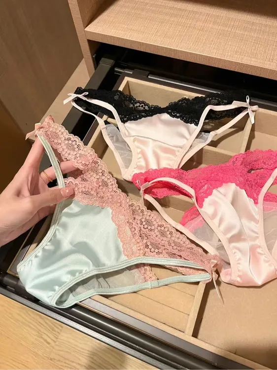 「RY」情腰热辣丨玫粉色辣妹纯欲蕾丝边蝴蝶结性感缎面三角内裤内衣