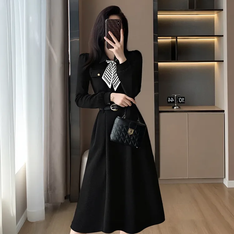 A【送腰带】【送领带】2025春秋季新款高级感a字裙轻奢连衣裙女TX0032