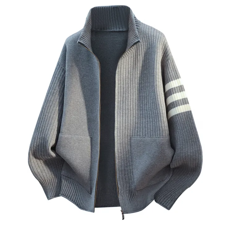 秋季男士美式条纹毛衣开衫外套时尚休闲宽松百搭慵懒风针织衫毛衣