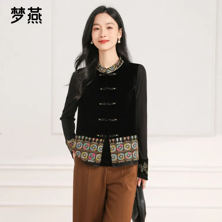梦燕春秋女复古时尚气质百搭宽松国风新中式丝绒两件套AA03B5032